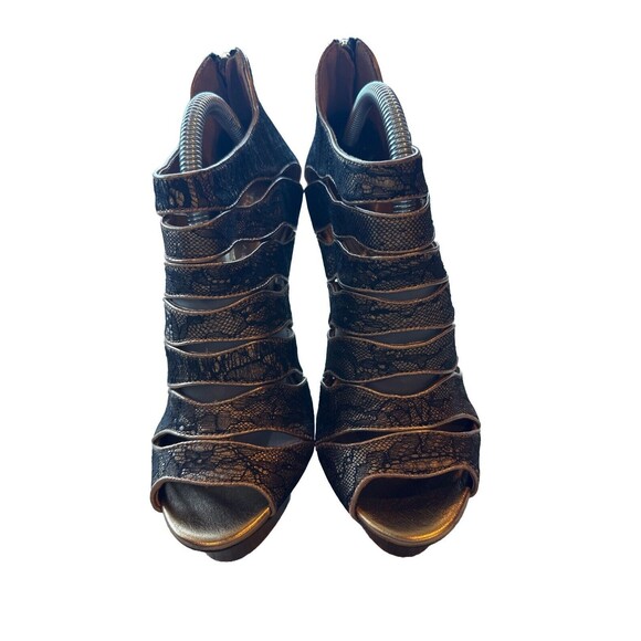 Elie Tahari Women's 38 7.5 Peep Toe Gold Black Lace Zip Pumps Leather 5" Heel - Picture 4 of 10